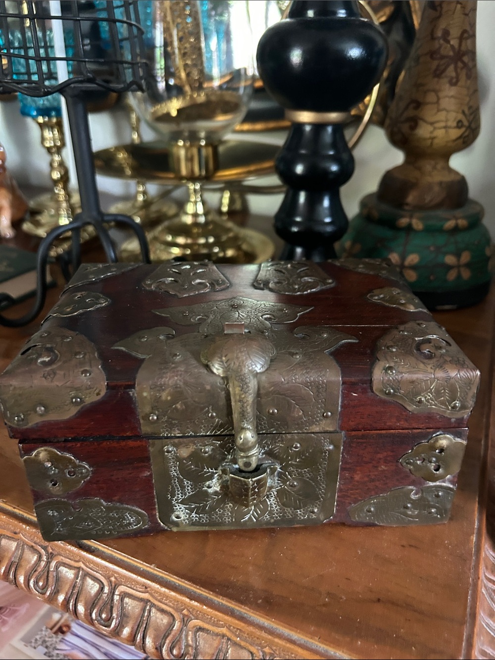 Ornate Wood Jewelry Box with Brass Accents